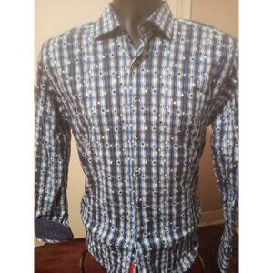 Luchiano Visconti Black Mens Shirt Blue Polka Dot Stretch Flip Cuff Medium M